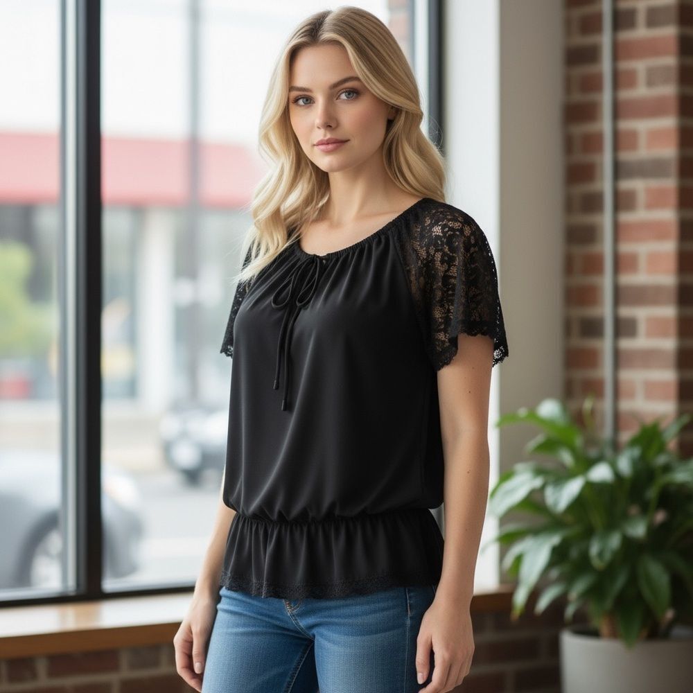 Converse One Star Black Lace Peplum‎ Blouse Women’s Medium